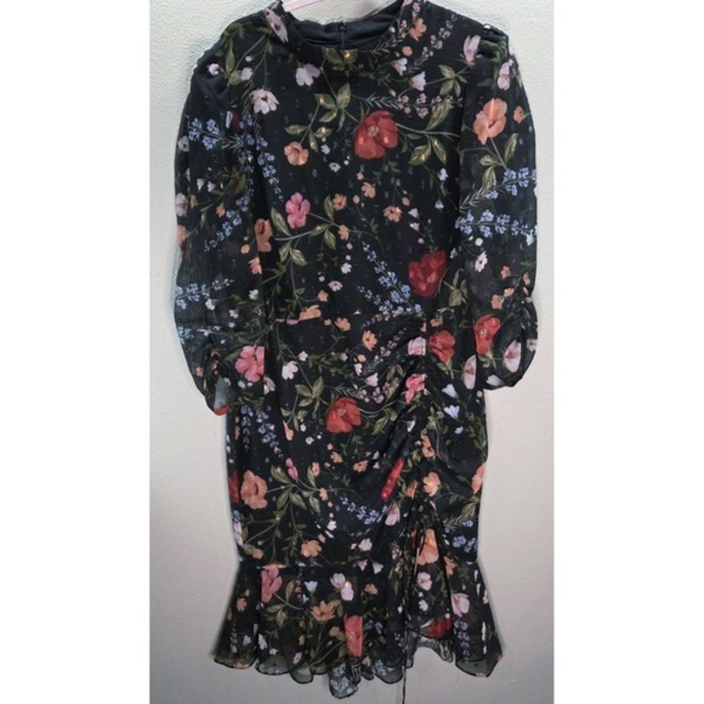 Eliza J Floral Chiffon Dress Size 16 Black Ruched Midi Puff Sleeve Wedding Guest